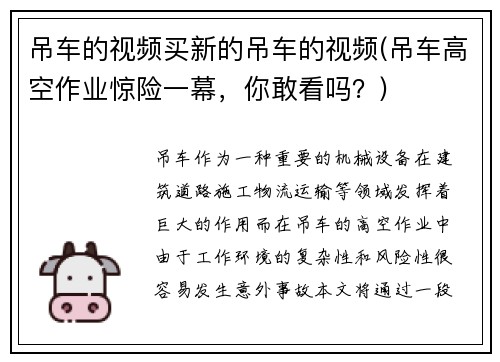 吊车的视频买新的吊车的视频(吊车高空作业惊险一幕，你敢看吗？)